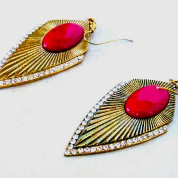 Gold Red Cabochon Rhinestone Sunburst Earrings - Picture 2 of 6